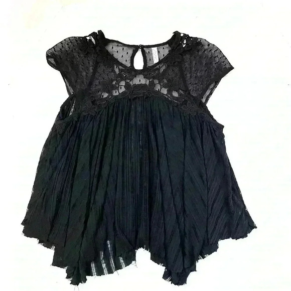 Free People Black Rayon Blend Lace Cap Sleeve Fit & Flare Babydoll Top Size XS - Picture 2 of 15